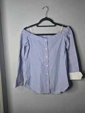 Stitch & Knot Blue White Stripe Off Shoulder Button Front Cotton Blouse Small